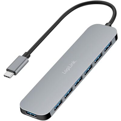 Logilink Hub USB-C ultra sottile con 7 porte, 5 Gbps, con caricatore PD da 20 W (PowerDelivery), sovracorrente, sovratensione, sovraccarico e cortocircuito, per Windows/Mac OS/iPad OS/Chrome OS Logilink Hub USB-C ultra sottile con 7 porte, 5 Gbps, con caricatore PD da 20 W (PowerDelivery), sovracorrente, sovratensione, sovraccarico e cortocircuito, per Windows/Mac OS/iPad OS/Chrome OS