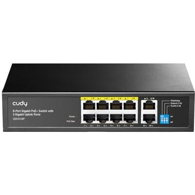 Cudy alimentatore 8+2 porte Gigabit Ethernet PoE+ Unmanaged Plug-and-Play Switch,120 W, 8 x 10/100/1000 Mbit/s PoE+ porte, CCTV/VLAN-Modus, 802.3af/ 802.3at GS1010P Cudy alimentatore 8+2 porte Gigabit Ethernet PoE+ Unmanaged Plug-and-Play Switch,120 W, 8 x 10/100/1000 Mbit/s PoE+ porte, CCTV/VLAN-Modus, 802.3af/ 802.3at GS1010P