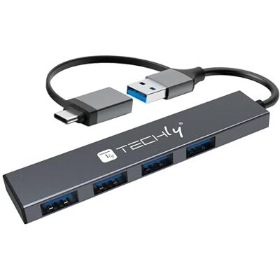 Techly 621925 Hub USB-A USB-C™ 3.2 a 4 Porte USB-A Slim in Metallo Grigio Techly 621925 Hub USB-A USB-C™ 3.2 a 4 Porte USB-A Slim in Metallo Grigio