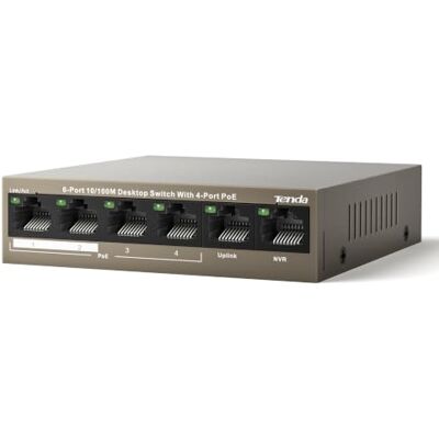 Tenda Switch Ethernet 6 Porte, 4 Porte PoE, 58 W, 10/100 Mbps, Metallo Tenda Switch Ethernet 6 Porte, 4 Porte PoE, 58 W, 10/100 Mbps, Metallo