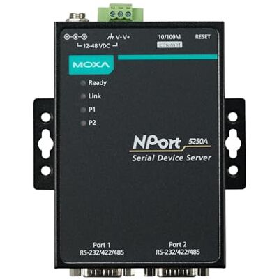 Moxa NPort 5250A Server dispositivo a 2 porte, Ethernet 10/100M, RS-232/422/485, DB9 maschio, 15KV ESD, sovratensione seriale 0.5KV, 12~48VDC, 0~60°C Moxa NPort 5250A Server dispositivo a 2 porte, Ethernet 10/100M, RS-232/422/485, DB9 maschio, 15KV ESD, sovratensione seriale 0.5KV, 12~48VDC, 0~60°C