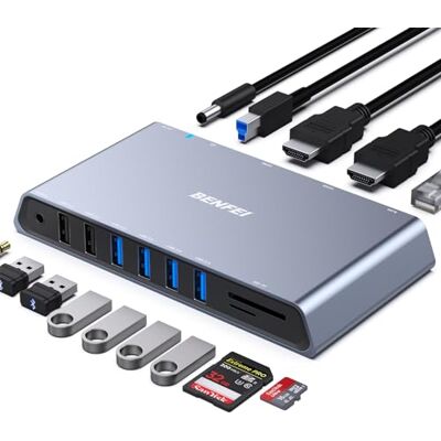 BENFEI 12-in-1 Docking Station USB 3.0 con Doppio HDMI/6 *USB/Lettore di Schede SD/TF/Rete Gigabit Ethernet/Jack per Cuffie Femmina da 3,5 mm, Compatibile con Windows e Mac BENFEI 12-in-1 Docking Station USB 3.0 con Doppio HDMI/6 *USB/Lettore di Schede SD/TF/Rete Gigabit Ethernet/Jack per Cuffie Femmina da 3,5 mm, Compatibile con Windows e Mac