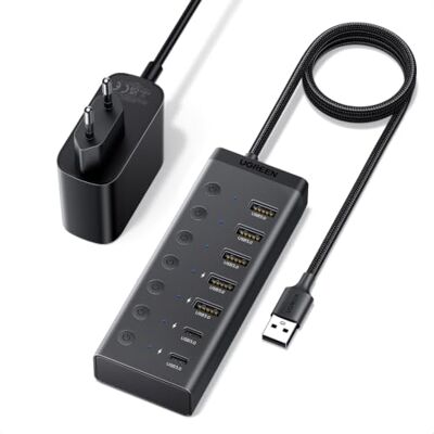 UGREEN Hub USB-A 7 in 1 Alimentato con Interruttori, Cavo da 100 cm Multipresa USB con 5 Porte USB-A + 2 USB-C, 5 Gbps, Alimentazione Inclusa, per PC, Laptop, Disco Rigido, Tastiera UGREEN Hub USB-A 7 in 1 Alimentato con Interruttori, Cavo da 100 cm Multipresa USB con 5 Porte USB-A + 2 USB-C, 5 Gbps, Alimentazione Inclusa, per PC, Laptop, Disco Rigido, Tastiera