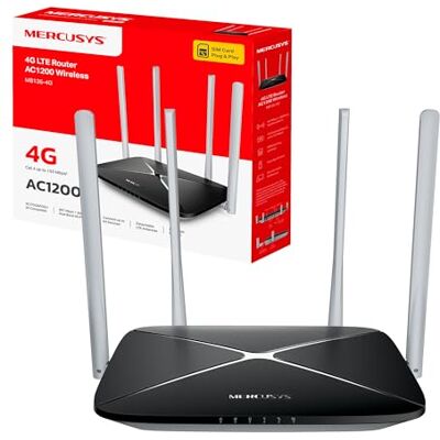 MERCUSYS MB135-4G Router WiFi con Sim, 4G LTE Cat4 AC1200Mbps, 4 Antenne Ad Alto Guadagno, 1 Porta LAN/WAN + 3 Porte LAN, OpenVPN, PPTP Server, WAN Backup, Parental/LED Control, SMS, APP, Plug & Play MERCUSYS MB135-4G Router WiFi con Sim, 4G LTE Cat4 AC1200Mbps, 4 Antenne Ad Alto Guadagno, 1 Porta LAN/WAN + 3 Porte LAN, OpenVPN, PPTP Server, WAN Backup, Parental/LED Control, SMS, APP, Plug & Play