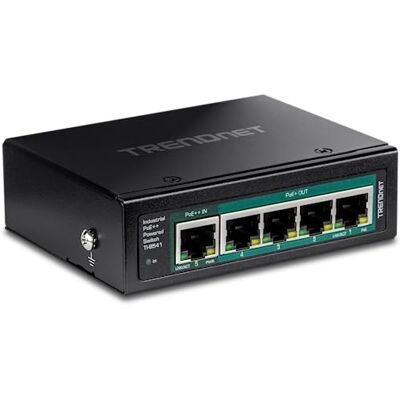 TRENDnet TI-B541 Interruttore industriale Gigabit PoE++ a 5 porte su guida DIN con passaggio PoE, colore: Nero TRENDnet TI-B541 Interruttore industriale Gigabit PoE++ a 5 porte su guida DIN con passaggio PoE, colore: Nero