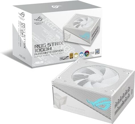 Asus ROG Strix 1000G Aura White Edition Alimentatore da gioco completamente modulare (1000 W, illuminazione Aura Sync ARGB, ATX 3.0, PCIe 5.0 Ready, con cavo a 16 poli, certificazione Gold 80+,