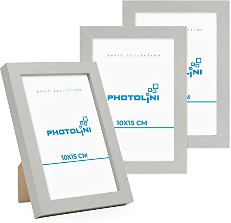 PHOTOLINI Cornici 10x15 cm argento legno MDF, set di 3 cornici per poster, plexiglass infrangibile, da tavolo o da parete, accessori extra inclusi per foto, immagini e poster