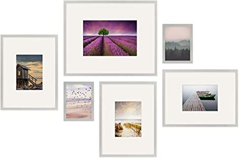 PHOTOLINI Set di 6 cornici per poster argento legno MDF con passe-partout, 15x20 da 40x50 cm, plexiglass infrangibile, da parete, accessori inclusi per foto, immagini e poster