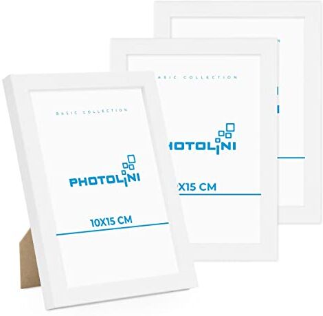 PHOTOLINI Cornici 10x15 cm bianco legno MDF, set di 3 cornici per poster, plexiglass infrangibile, da tavolo o da parete, accessori extra inclusi per foto, immagini e poster