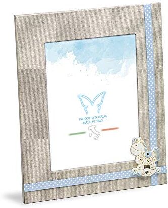 Mareli , Cornice Portafoto da tavolo per Bambino cm 20x23,5 in tessuto lino con decorazioni celeste, struttura retro in legno, dimensione foto cm 3x8. Idea Regalo.