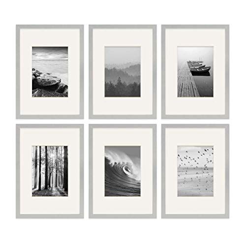 PHOTOLINI Set di 6 cornici per poster A4 21x30 cm con passe-partout 13x18 cm argento legno MDF, plexiglass infrangibile, da tavolo o da parete, accessori inclusi per foto, immagini e poster