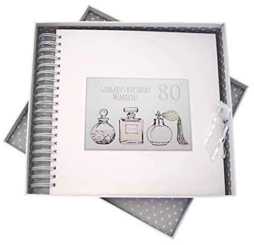 WHITE COTTON CARDS , Album Fotografico per 80° Compleanno, Bianco, Illustrato con flaconi di Profumo