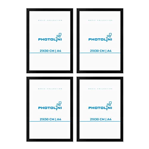 PHOTOLINI Set di 4 cornici per poster A4 21x30 cm nero legno MDF, plexiglass infrangibile, da tavolo o da parete, accessori inclusi per foto, immagini e poster