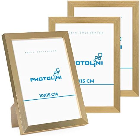 PHOTOLINI Cornici 10x15 cm Oro Legno MDF, Set di 3 cornici per Poster, plexiglass infrangibile, da Tavolo o da Parete, Accessori Extra Inclusi per Foto, Immagini e Poster