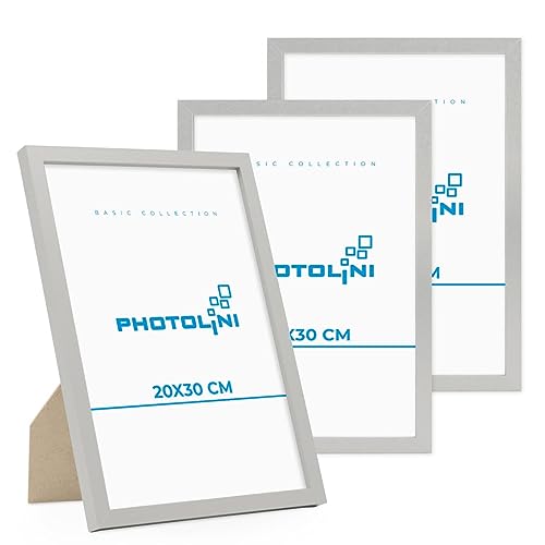 PHOTOLINI Cornici 20x30 cm argento legno MDF, set di 3 cornici per poster, plexiglass infrangibile, da tavolo o da parete, accessori extra inclusi per foto, immagini e poster