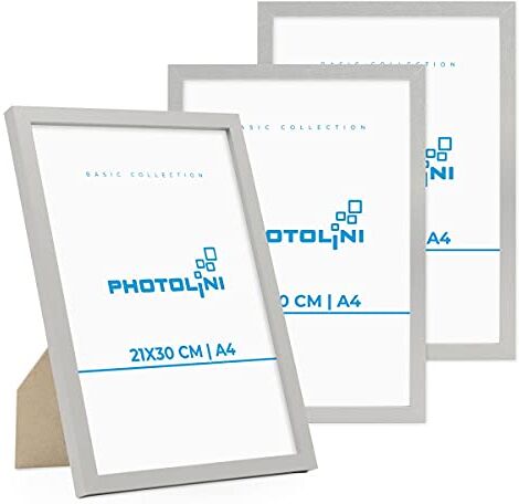 PHOTOLINI Cornici A4 21x30 cm argento legno MDF, set di 3 cornici per poster, plexiglass infrangibile, da tavolo o da parete, accessori extra inclusi per foto, immagini e poster