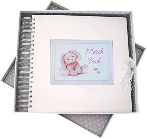 WHITE COTTON CARDS Welsh Merch Fach, New Baby, Grande Scatola dei ricordi, Coniglietto Rosa, Bordo, Bianco, 27 x 30 x 4 cm