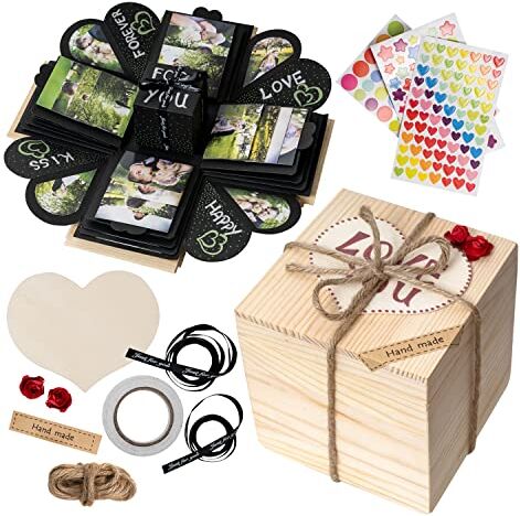 GiftSpace4YOU WoodExplosionBox Explosion Box Nera in una Scatola di Legno Scatola a Sorpresa con Foto Idea Regalo Fidanzamento Anniversario San Valentino Compleanno Festa della Mamma Scatola Esplosiva Fai Da Te