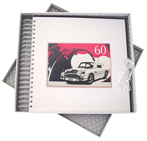WHITE COTTON CARDS Album Fotografico per 60° Compleanno, Bianco con Macchina Vintage.