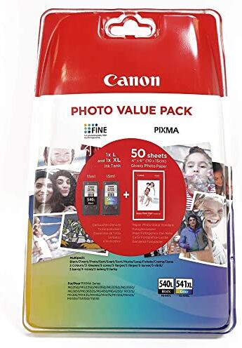 Canon PG540 L CL541 XL VALUE Confezione da 2 Cartucce d'inchiostro (Nero L colore XL) +50 fogli di carta fotografica 10x15cm Originale, Imballaggi in Plastica Obsoleti 2018