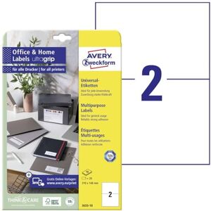 Avery Etichette universali (20 adesivi per indirizzi, 210 x 148 mm su A4, stampabili, etichette adesive con ultragrip, DHL, per HomeOffice), 10 fogli, colore: Bianco Avery Etichette universali (20 adesivi per indirizzi, 210 x 148 mm su A4, stampabili, etichette adesive con ultragrip, DHL, per HomeOffice), 10 fogli, colore: Bianco