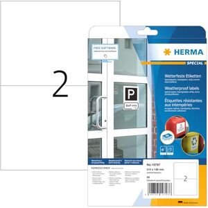 HERMA Etichette resistenti alle intemperie, 20 fogli, 210 x 148 mm, 2 fogli A4, 40 pezzi, autoadesive, stampabili, opache, per esterni, in carta speciale, colore: Bianco HERMA Etichette resistenti alle intemperie, 20 fogli, 210 x 148 mm, 2 fogli A4, 40 pezzi, autoadesive, stampabili, opache, per esterni, in carta speciale, colore: Bianco