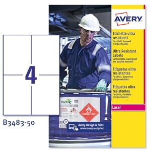 Avery Etichette adesive bianche, ultraresistenti in poliestere, 105x148mm, impermeabili, adesivo permanente, conformi GHS BS5609, confezione 50 fogli Avery Etichette adesive bianche, ultraresistenti in poliestere, 105x148mm, impermeabili, adesivo permanente, conformi GHS BS5609, confezione 50 fogli