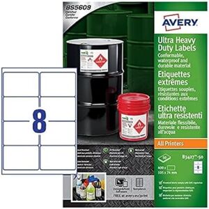 Avery B 3427-50 formato A4, Ultra resistenti impermeabili GHS BS5609 etichette, certificati, per tutti i tipi di stampanti, 105 x 74 mm, colore: bianco Avery B 3427-50 formato A4, Ultra resistenti impermeabili GHS BS5609 etichette, certificati, per tutti i tipi di stampanti, 105 x 74 mm, colore: bianco