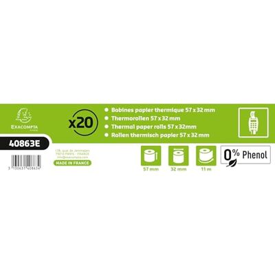 Exacompta Rif. Confezione da 20 bobine per banconote da 57 x 32 mm, 11 m, 1 piega termica 55 g/m2, senza fenolo, colore: bianco Exacompta Rif. Confezione da 20 bobine per banconote da 57 x 32 mm, 11 m, 1 piega termica 55 g/m2, senza fenolo, colore: bianco