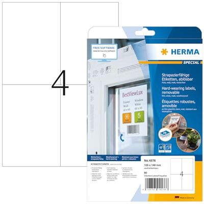 HERMA Etichette per Marcatura, 105 x 148 mm, Etichette Adesive A4 per Stampante, 4 Etichette per Foglio, Bianco HERMA Etichette per Marcatura, 105 x 148 mm, Etichette Adesive A4 per Stampante, 4 Etichette per Foglio, Bianco