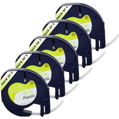 Dragon , Confezione da 5 Nastri Compatibili di Ricambio per Dymo LetraTag Plastica Bianca 91201 S0721610, per Dymo LetraTag LT-100H LT-100T LT-110T QX50 XR XM 200B 2000 Plus, 12mm x 4m Dragon , Confezione da 5 Nastri Compatibili di Ricambio per Dymo LetraTag Plastica Bianca 91201 S0721610, per Dymo LetraTag LT-100H LT-100T LT-110T QX50 XR XM 200B 2000 Plus, 12mm x 4m