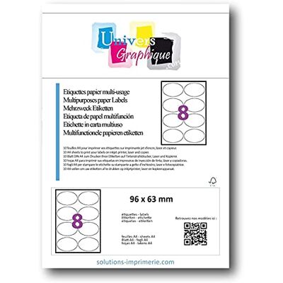 UNIVERS GRAPHIQUE UniversGraphique, 400 Etichette Adesive Ovali su Fogli A4, Colore Bianco, 96 x 63 mm, Fogli 50, 8 Etichette per Foglio, Ref UNIVERS GRAPHIQUE UniversGraphique, 400 Etichette Adesive Ovali su Fogli A4, Colore Bianco, 96 x 63 mm, Fogli 50, 8 Etichette per Foglio, Ref