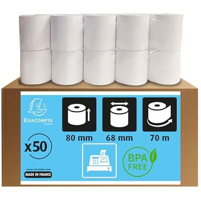 Exacompta Cartone da 50 bobine economiche per cassa 80 mm x 70 mm Carta termica 44 g/m² senza BPA. Bianco Exacompta Cartone da 50 bobine economiche per cassa 80 mm x 70 mm Carta termica 44 g/m² senza BPA. Bianco