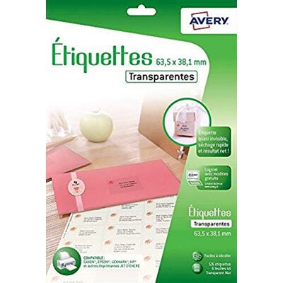 Avery – – 126 Etichette Adesive trasparenti – Getto d' Inchiostro – 63,5 x 38,1 mm Avery – – 126 Etichette Adesive trasparenti – Getto d' Inchiostro – 63,5 x 38,1 mm