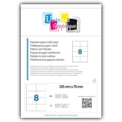 UNIVERS GRAPHIQUE UniversGraphique, 400 Etichette Adesive su Fogli A4, Colore Bianco, 105 x 70 mm, Fogli 50, 8 Etichette per Foglio UNIVERS GRAPHIQUE UniversGraphique, 400 Etichette Adesive su Fogli A4, Colore Bianco, 105 x 70 mm, Fogli 50, 8 Etichette per Foglio