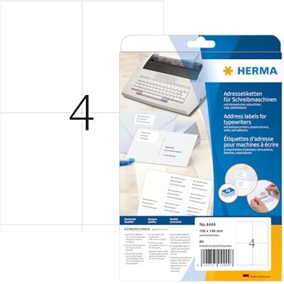 HERMA Etichette per indirizzi per macchina da scrivere DIN A4 (105 x 144 mm, 20 fogli di carta opaca, angoli appuntiti, autoadesive, permanenti, 80 etichette adesive, colore: Bianco HERMA Etichette per indirizzi per macchina da scrivere DIN A4 (105 x 144 mm, 20 fogli di carta opaca, angoli appuntiti, autoadesive, permanenti, 80 etichette adesive, colore: Bianco
