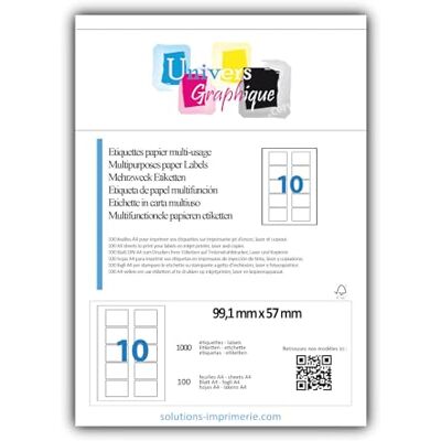 UNIVERS GRAPHIQUE UniversGraphique, 1000 Etichette Adesive su Fogli A4, Colore Bianco, 99.1 x 57 mm, Fogli 100, 10 Etichette per Foglio, Ref UNIVERS GRAPHIQUE UniversGraphique, 1000 Etichette Adesive su Fogli A4, Colore Bianco, 99.1 x 57 mm, Fogli 100, 10 Etichette per Foglio, Ref