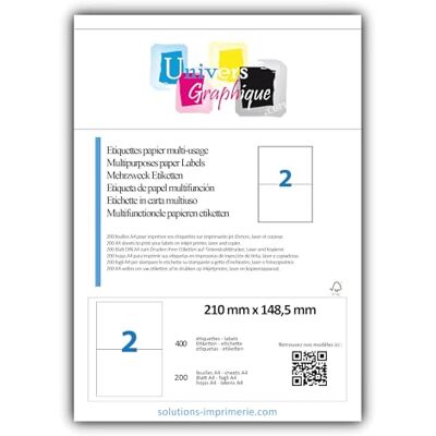 UNIVERS GRAPHIQUE UniversGraphique, 400 Etichette Adesive su Fogli A4, Colore Bianco, 210 x 148.5 mm, Fogli 200, 2 Etichette per Foglio, Ref UNIVERS GRAPHIQUE UniversGraphique, 400 Etichette Adesive su Fogli A4, Colore Bianco, 210 x 148.5 mm, Fogli 200, 2 Etichette per Foglio, Ref