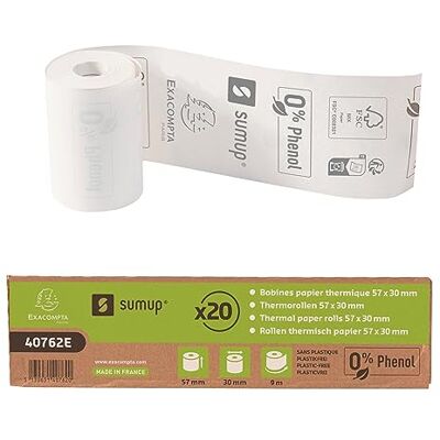 Exacompta SumUp Cod. Scatola da 20 rotoli 57x30mm per POS, carta termica 55 g/mq ad una copia, senza fenolo, senz'anima, compatibile con dispositivo SumUp Metratura +/-2m: 9mt, bianco Exacompta SumUp Cod. Scatola da 20 rotoli 57x30mm per POS, carta termica 55 g/mq ad una copia, senza fenolo, senz'anima, compatibile con dispositivo SumUp Metratura +/-2m: 9mt, bianco