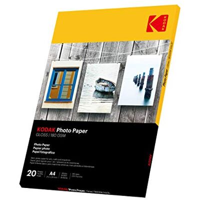 Kodak 20 fogli di carta fotografica A4 a getto d'inchiostro, 180 g/m2, lucida, asciugatura immediata e impermeabile, appositamente progettata per tutte le stampanti a getto d'inchiostro/a getto Kodak 20 fogli di carta fotografica A4 a getto d'inchiostro, 180 g/m2, lucida, asciugatura immediata e impermeabile, appositamente progettata per tutte le stampanti a getto d'inchiostro/a getto