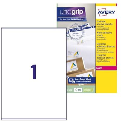 Avery Italia Etichette adesive in carta bianca, 100 fogli A4, rettangolari 199,6x289,1mm, 1 etichette per foglio, adesivo permanente, stampanti laser Avery Italia Etichette adesive in carta bianca, 100 fogli A4, rettangolari 199,6x289,1mm, 1 etichette per foglio, adesivo permanente, stampanti laser