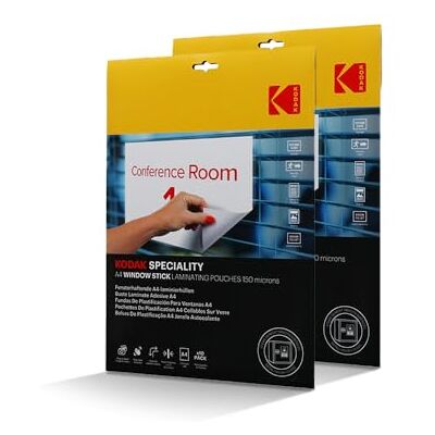 Kodak Bustine per plastificazione A4 Window Stick Confezione da 2 x 10 fogli (20 totali), 150 Micron, autoadesivi, formato A4, modello KD-LMA4RW-PK10C Kodak Bustine per plastificazione A4 Window Stick Confezione da 2 x 10 fogli (20 totali), 150 Micron, autoadesivi, formato A4, modello KD-LMA4RW-PK10C