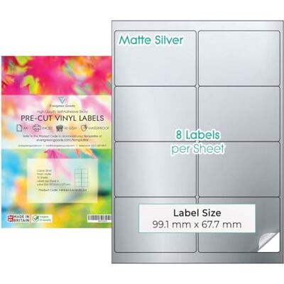 EVG Evergreen Goods A4 argento opaco etichette adesive pretagliate multiple impermeabile sticker paper for stampanti inkjet e laser 2 x 4 (8 per foglio): 80 etichette in totale, 10 fogli EVG Evergreen Goods A4 argento opaco etichette adesive pretagliate multiple impermeabile sticker paper for stampanti inkjet e laser 2 x 4 (8 per foglio): 80 etichette in totale, 10 fogli