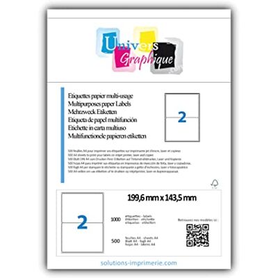 UNIVERS GRAPHIQUE UniversGraphique, 1000 Etichette Adesive A5 su Fogli A4, Colore Bianco, 199.6 x 143.5 mm, Fogli 500, 2 Etichette per Foglio, Ref UNIVERS GRAPHIQUE UniversGraphique, 1000 Etichette Adesive A5 su Fogli A4, Colore Bianco, 199.6 x 143.5 mm, Fogli 500, 2 Etichette per Foglio, Ref