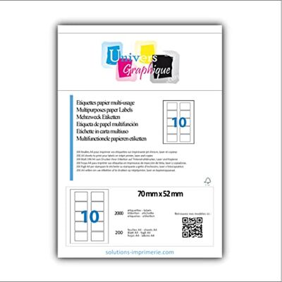 UNIVERS GRAPHIQUE UniversGraphique, 200 Etichette Adesive su Fogli A4, Colore Bianco, 70 x 52 mm, Fogli 20, 10 Etichette per Foglio, Ref UNIVERS GRAPHIQUE UniversGraphique, 200 Etichette Adesive su Fogli A4, Colore Bianco, 70 x 52 mm, Fogli 20, 10 Etichette per Foglio, Ref