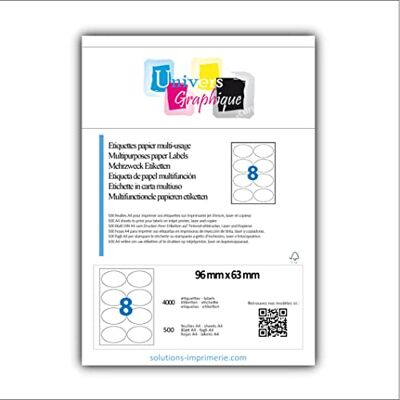 UNIVERS GRAPHIQUE UniversGraphique, 4000 Etichette Adesive Ovali su Fogli A4, Colore Bianco, 96 x 63 mm, Fogli 500, 8 Etichette per Foglio, Ref UNIVERS GRAPHIQUE UniversGraphique, 4000 Etichette Adesive Ovali su Fogli A4, Colore Bianco, 96 x 63 mm, Fogli 500, 8 Etichette per Foglio, Ref