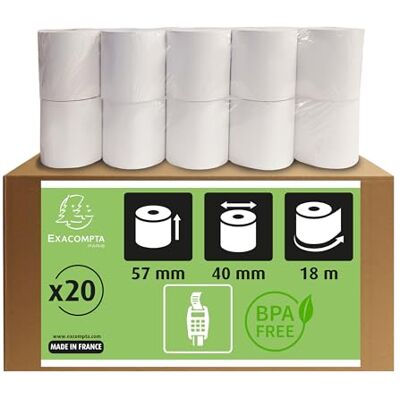 Exacompta Rif. Confezione da 20 bobine termiche per carta di credito, 57 x 40 mm, 1 piega termica 55 g/m² senza fenolo, senza mandrino in cartone, zero rifiuti di plastica, metraggio +/-2 m Exacompta Rif. Confezione da 20 bobine termiche per carta di credito, 57 x 40 mm, 1 piega termica 55 g/m² senza fenolo, senza mandrino in cartone, zero rifiuti di plastica, metraggio +/-2 m