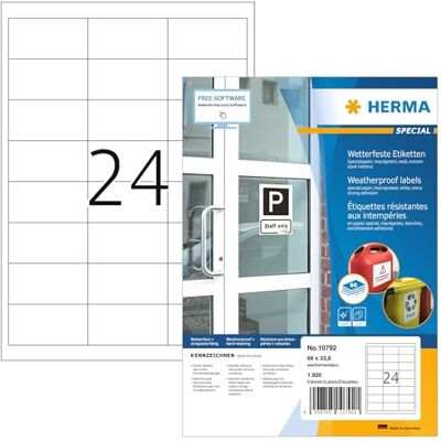 HERMA Etichette resistenti alle intemperie, 80 fogli, 66 x 33,8 mm, 24 fogli A4, 1920 pezzi, autoadesive, stampabili, opache, per esterni, in carta speciale, colore bianco HERMA Etichette resistenti alle intemperie, 80 fogli, 66 x 33,8 mm, 24 fogli A4, 1920 pezzi, autoadesive, stampabili, opache, per esterni, in carta speciale, colore bianco