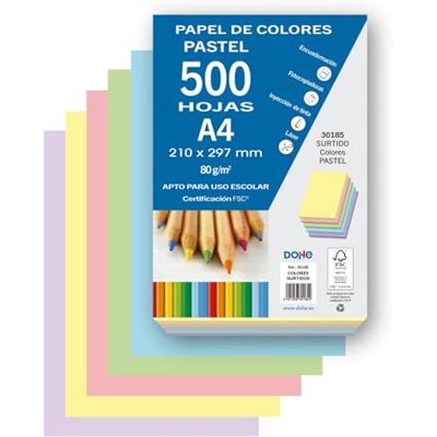 DOHE Fogli pastello (500 pezzi) 5 colori assortiti, carta A4 (21 x 29,7 cm), spessore 80 g/m², fogli per stampa, disegno, artigianato, decorazione, rilegatura DOHE Fogli pastello (500 pezzi) 5 colori assortiti, carta A4 (21 x 29,7 cm), spessore 80 g/m², fogli per stampa, disegno, artigianato, decorazione, rilegatura