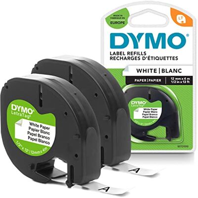 Dymo LetraTag etichette originali di carta autoadesiva – rotolo da 12 mm x 4 m – stampa nera su bianco – LT etichette autoadesive per etichettatrice LetraTag – 2 pezzi Dymo LetraTag etichette originali di carta autoadesiva – rotolo da 12 mm x 4 m – stampa nera su bianco – LT etichette autoadesive per etichettatrice LetraTag – 2 pezzi